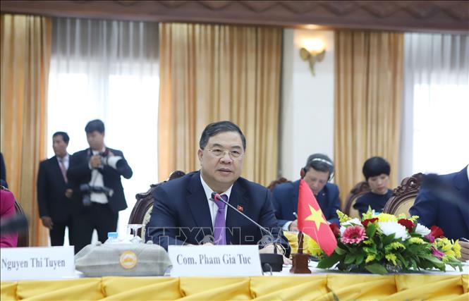 Phó Thủ tướng Thường trực Chính phủ Phạm Gia Túc phát biểu tại Hội đàm. Ảnh: Xuân Tú - PV TTXVN tại Lào