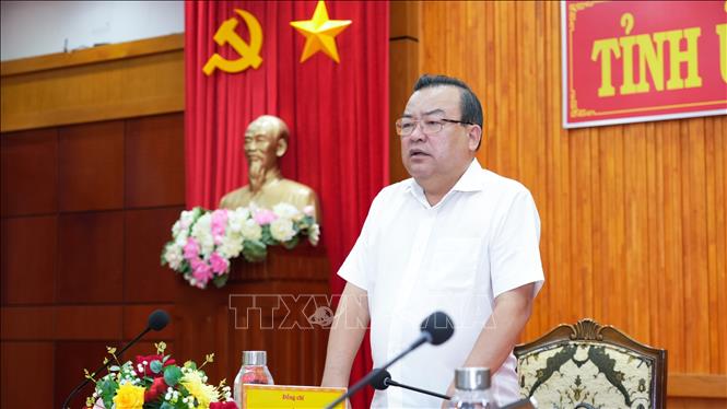 Phó Bí thư Tỉnh ủy Tây Ninh Phạm Hùng Thái phát biểu chỉ đạo tháo gỡ khó khăn Dự án cao tốc Gò Dầu - Xa Mát (giai đoạn 1). Ảnh: Minh Phú – TTXVN