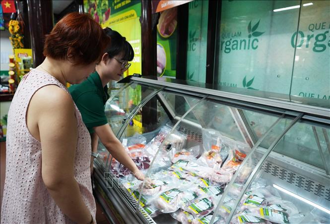 Các loại thực phẩm được sản xuất từ liên kết, hữu cơ bán trong Siêu thị nông sản và thực phẩm hữu cơ Quế Lâm, thành phố Huế. Ảnh: Nguyên Lý - TTXVN