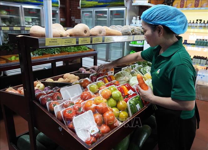 Các loại quả sản xuất theo mô hình liên kết chuỗi và hữu cơ được bán trong Siêu thị nông sản và thực phẩm hữu cơ Quế Lâm, thành phố Huế. Ảnh: Nguyên Lý - TTXVN