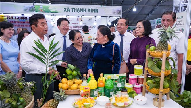 Các đại biểu tham quan gian hàng giới thiệu sản phẩm nông nghiệp, sản phẩm OCOP, nông sản và sản phẩm chế biến được trưng bày tại lễ hội. Ảnh: Minh Phú - TTXVN 