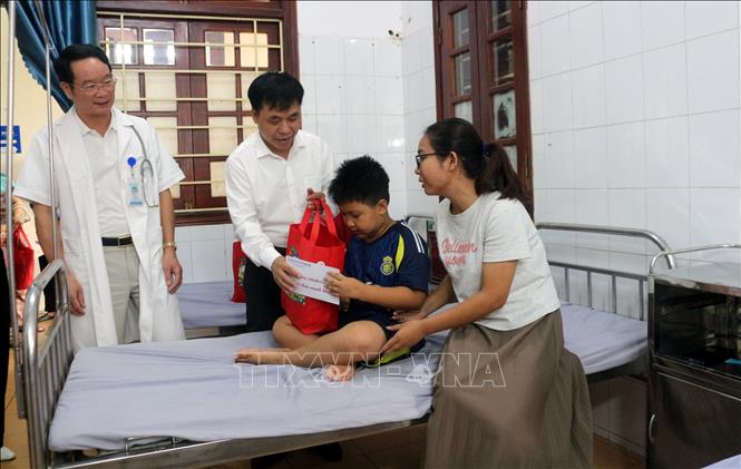 Lãnh đạo Sở Y tế tỉnh Ninh Bình thăm hỏi, trao quà cho trẻ em đang điều trị tại Khoa nhi, Bệnh viện đa khoa Hà Nam. Ảnh: Nguyễn Chinh - TTXVN