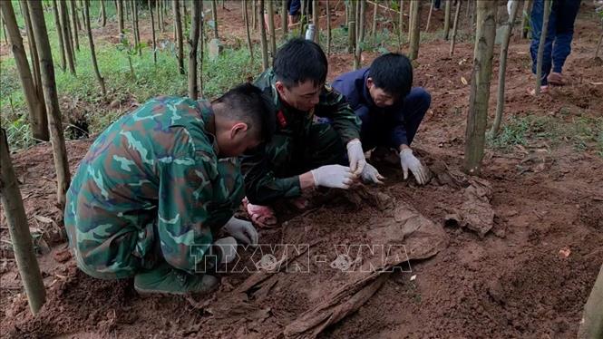 Đội Tìm kiếm, quy tập hài cốt liệt sĩ số 1 (hướng trong nước), Phòng Chính trị, Bộ CHQS tỉnh Quảng Trị cẩn thận cất bốc hài cốt liệt sĩ được tìm thấy tại bản Bãi Dinh, xã Dân Hóa. Ảnh: TTXVN phát