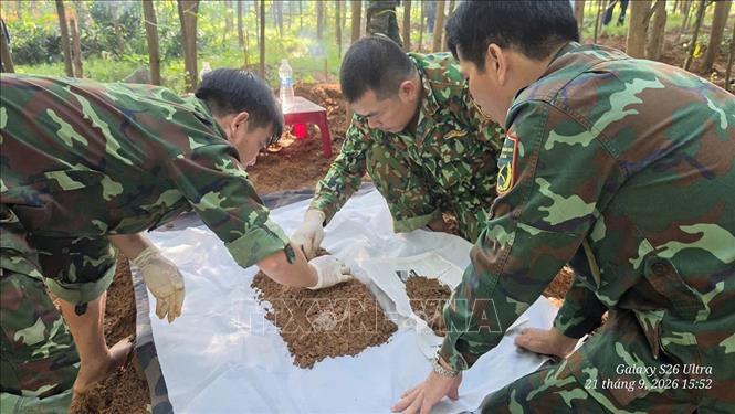 Đây là hài cốt liệt sĩ thứ 10 được phát hiện, cất bốc tại khu vực bản Bãi Dinh từ đầu tháng 9 đến nay. Ảnh: TTXVN phát