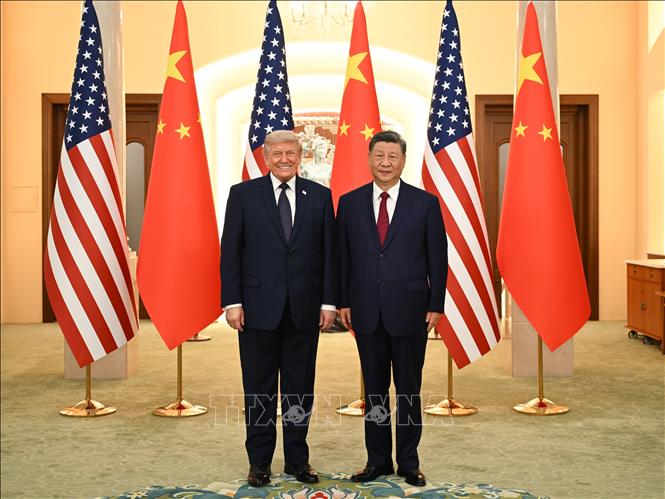 Chủ tịch Trung Quốc Tập Cận Bình (phải) trong cuộc gặp Tổng thống Mỹ Donald Trump có chuyến thăm cấp Nhà nước tới Trung Quốc, tại Bắc Kinh ngày 14/5/2026. Ảnh: THX/TTXVN phát
