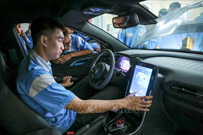 Sinh viên khoá 24 CNOT Trường Cao đẳng nghề Cần Thơ thực hành trên xe điện VinFast. Ảnh: Hoàng Hiếu – TTXVN