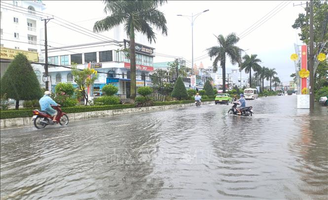 Tuyến đường Phan Ngọc Hiển trung tâm tỉnh Cà Mau ngập sâu trong nước. Ảnh: Tuấn Phi - TTXVN