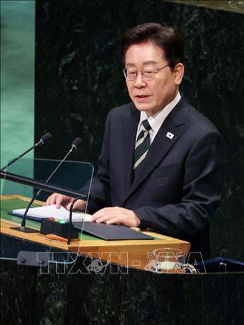 Tổng thống Hàn Quốc Lee Jae Myung phát biểu tại Khóa họp 81 của Đại hội đồng Liên hợp quốc (ĐHĐ LHQ)  ở New York (Mỹ) ngày 23/9/2026. Ảnh: Yonhap/TTXVN phát
