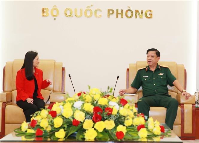 Thượng tướng Nguyễn Trường Thắng, Thứ trưởng Bộ Quốc phòng tiếp Đại sứ Hoa Kỳ Jennifer Wicks trước khi tiến hành ký thỏa thuận. Ảnh: Trọng Đức - TTXVN