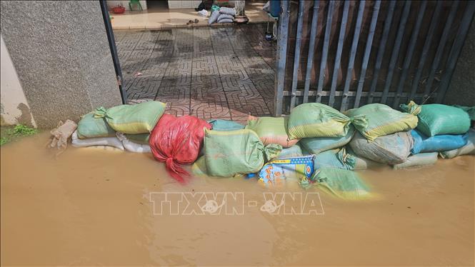 Người dân phường Phước Tân, thành phố Đồng Nai sử dụng vật dụng để ngăn nước vào nhà, sáng 24/9/2026. Ảnh: Công Phong - TTXVN