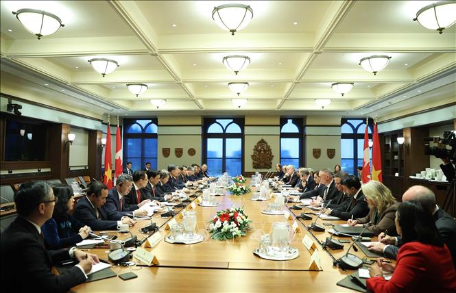 Tổng Bí thư, Chủ tịch nước Tô Lâm hội đàm với Thủ tướng Canada Mark Carney. Ảnh: Thống Nhất – TTXVN