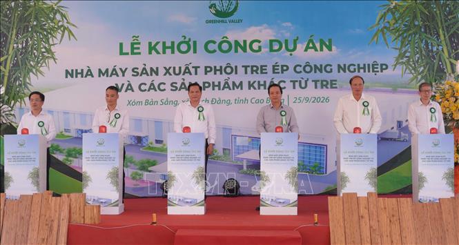 Các đại biểu thực hiện nghi thức khởi công xây dựng nhà máy. Ảnh: Quốc Đạt - TTXVN