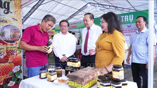 Chủ thể OCOP giới thiệu, trao đổi về sản phẩm nông nghiệp đặc trưng được trưng bày tại Lễ hội. Ảnh: Minh Phú - TTXVN 