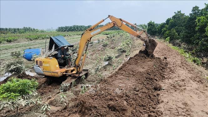Phương tiện cơ giới đắp lại tuyến đê bao dự phòng khu vực sạt lở tại cồn Cái Gà. Ảnh: Huỳnh Phúc Hậu - TTXVN