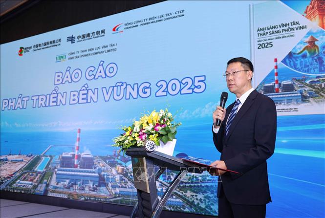 Ông Trần Hồng Bằng, Tổng giám đốc Công ty TNHH Điện lực Vĩnh Tân 1 phát biểu. Ảnh: Thanh Tùng - TTXVN
