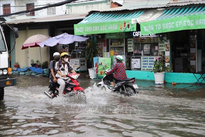 Ngập cục bộ do triều cường trên đường Số 14, phường Tân Hưng, TP. Hồ Chí Minh. Ảnh: Hồng Đạt - TTXVN