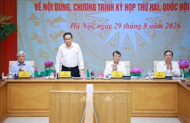 Thủ tướng Lê Minh Hưng và Chủ tịch Quốc hội Trần Thanh Mẫn đồng chủ trì Hội nghị Ban Thường vụ Đảng uỷ Chính phủ và Ban Thường vụ Đảng uỷ Quốc hội. Ảnh: Dương Giang – TTXVN 