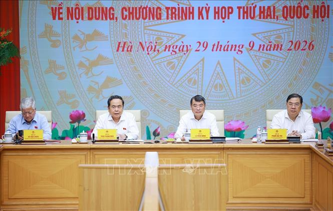 Thủ tướng Lê Minh Hưng và Chủ tịch Quốc hội Trần Thanh Mẫn đồng chủ trì Hội nghị Ban Thường vụ Đảng uỷ Chính phủ và Ban Thường vụ Đảng uỷ Quốc hội. Ảnh: Dương Giang – TTXVN 