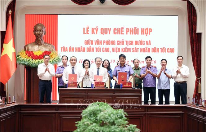 Phó Chủ tịch nước Võ Thị Ánh Xuân với các đại biểu chứng kiến Lễ ký quy chế phối hợp giữa Văn phòng Chủ tịch nước và Toà án nhân dân tối cao, Viện Kiểm sát nhân dân tối cao. Ảnh: An Đăng - TTXVN