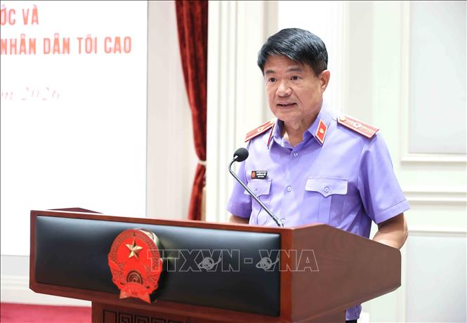 Đồng chí Nguyễn Huy Tiến, Ủy viên Trung ương Đảng, Viện trưởng Viện Kiểm sát nhân dân tối cao phát biểu. Ảnh: An Đăng - TTXVN