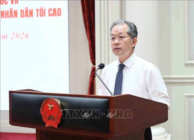  Bí thư Trung ương Đảng Nguyễn Văn Quảng, Chánh án Tòa án nhân dân Tối cao phát biểu. Ảnh: An Đăng - TTXVN