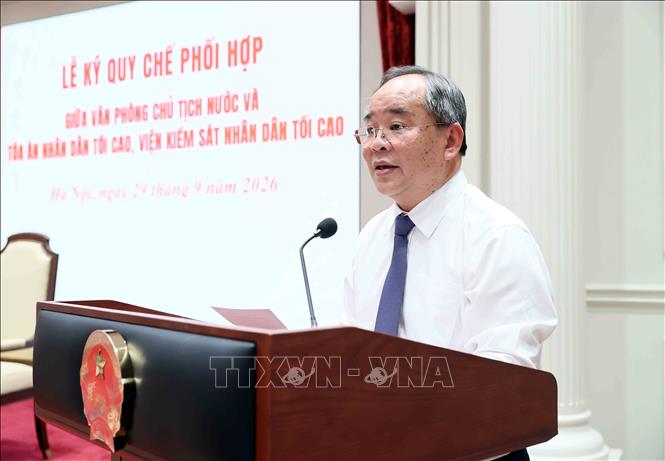 Đồng chí Lê Khánh Hải, Ủy viên Trung ương Đảng, Chủ nhiệm Văn phòng Chủ tịch nước phát biểu. Ảnh: An Đăng - TTXVN