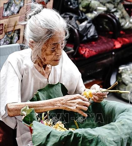 Cụ Nguyễn Thị Dần - nghệ nhân ướp trà sen cao tuổi nhất ở Quảng Bá, quận Tây Hồ (Hà Nội) tỉ mỉ, cặm cụi với công việc đã gắn bó với mình suốt từ tuổi đôi mươi (2024) Ảnh: Khánh Hòa - TTXVN