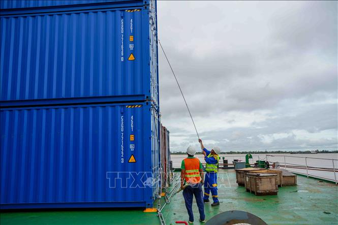 Công nhân kiểm tra các container hàng nhập khẩu do tàu Nan Ning Bo Run (Trung Quốc) vận chuyển đến cảng Cái Cui trước khi bốc dỡ. Ảnh: Thanh Liêm - TTXVN