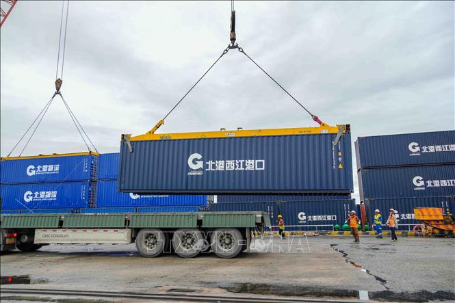 Hoạt động bốc dỡ container tại cảng Cái Cui góp phần thúc đẩy năng lực khai thác cảng và kết nối vận tải hàng hóa của thành phố Cần Thơ. Ảnh: Thanh Liêm - TTXVN