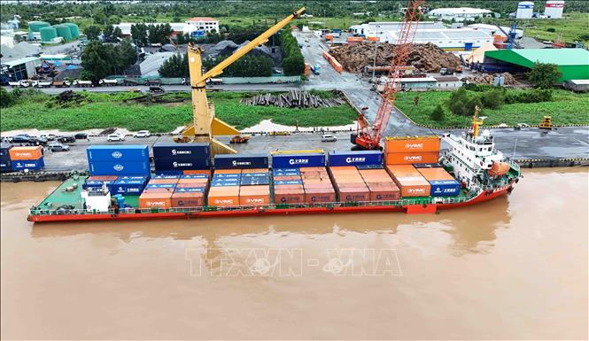 Hệ thống cầu cảng, bãi container và hạ tầng phục vụ hoạt động logistics tại cảng Cái Cui nhìn từ trên cao. Ảnh: Thanh Liêm - TTXVN