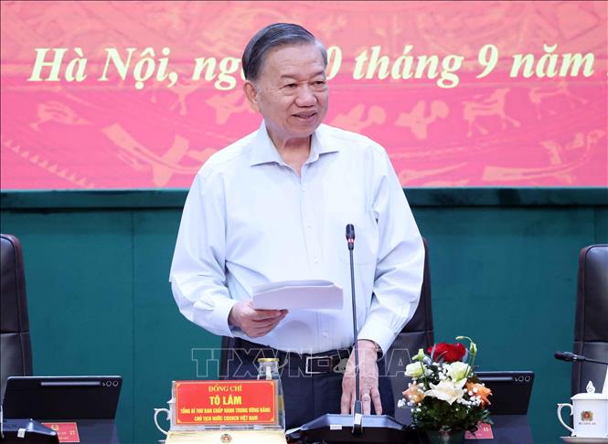 Party General Secretary and State President To Lam speaks at the meeting. VNA Photo: Thống Nhất 