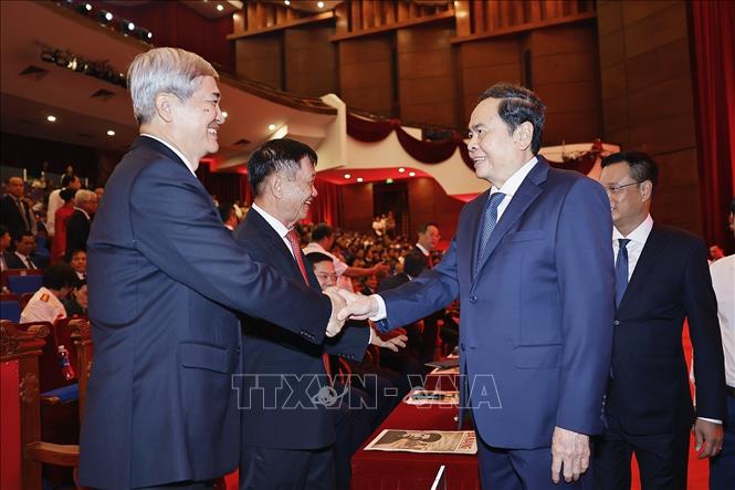 Chủ tịch Quốc hội Trần Thanh Mẫn với đại biểu dự Lễ kỷ niệm. Ảnh: Doãn Tấn - TTXVN