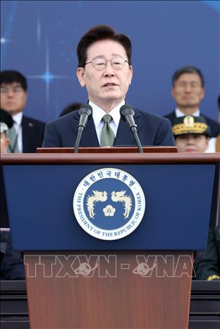 Tổng thống Hàn Quốc Lee Jae Myung phát biểu tại lễ kỷ niệm Ngày Lực lượng Vũ trang Hàn Quốc lần thứ 78 ở thành phố Gyeryong ngày 1/10/2026. Ảnh: Yonhap/TTXVN phát