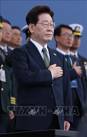Tổng thống Hàn Quốc Lee Jae Myung tại lễ kỷ niệm Ngày Lực lượng Vũ trang Hàn Quốc lần thứ 78 ở thành phố Gyeryong ngày 1/10/2026. Ảnh: Yonhap/TTXVN phát