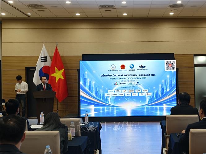 Bộ trưởng Bộ Khoa học và Công nghệ Vũ Hải Quân phát biểu tại Diễn đàn công nghệ số Việt nam - Hàn quốc 2026. Ảnh: Đào Lâm - PV TTXVN tại Hàn Quốc