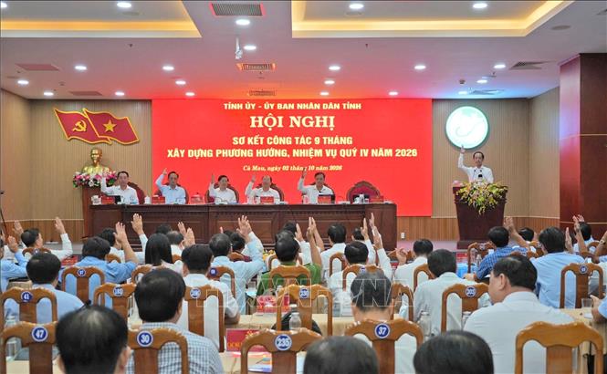 Các đại biểu biểu quyết thông qua Nghị quyết Hội nghị Ban Chấp hành Đảng bộ tỉnh Cà Mau. Ảnh: Huỳnh Anh - TTXVN