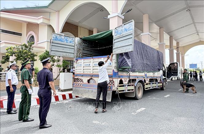Lực lượng chức năng kiểm tra phương tiện nhập cảnh vào Việt Nam tại Cửa khẩu Quốc tế đường bộ Khánh Bình, tỉnh An Giang. Ảnh: Thanh Sang - TTXVN
