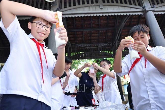 Học sinh thực nghiệm khoa học với hoạt động “Làm kem không cần tủ đông”, theo dõi sự thay đổi nhiệt độ theo thời gian và thử thách thiết kế giải pháp “Giữ kem lâu tan”. Ảnh: Thanh Tùng - TTXVN