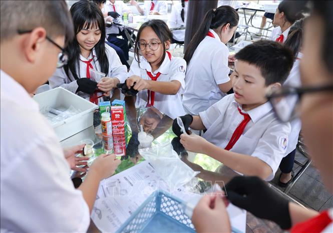 Học sinh thực nghiệm khoa học với hoạt động “Làm kem không cần tủ đông”, theo dõi sự thay đổi nhiệt độ theo thời gian và thử thách thiết kế giải pháp “Giữ kem lâu tan”. Ảnh: Thanh Tùng - TTXVN