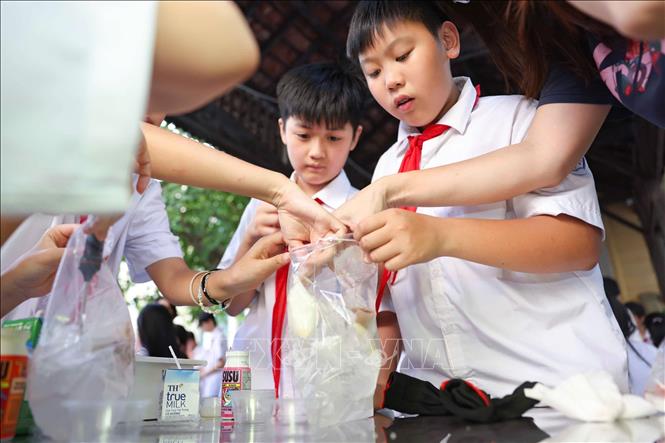 Học sinh thực nghiệm khoa học với hoạt động “Làm kem không cần tủ đông”, theo dõi sự thay đổi nhiệt độ theo thời gian và thử thách thiết kế giải pháp “Giữ kem lâu tan”. Ảnh: Thanh Tùng - TTXVN