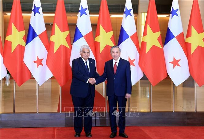 Tổng Bí thư, Chủ tịch nước Tô Lâm và Tổng thống Cộng hòa Panama José Raúl Mulino chụp ảnh chung. Ảnh: Tuấn Anh - TTXVN.