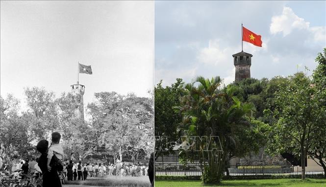Cột cờ Hà Nội, có tuổi đời hơn 200 năm, là công trình lịch sử đặc biệt trong Quần thể di tích Hoàng thành Thăng Long. Không chỉ là biểu tượng của Thủ đô, Cột cờ Hà Nội còn là chứng tích cho một thời kháng chiến oanh liệt, dấu ấn kiên cường, bất khuất của các thế hệ người dân đất Hà thành. Trong ngày Giải phóng Thủ đô 10/10/1954, Lễ thượng cờ Tổ quốc trên đỉnh “Cột cờ Hà Nội” đã trở thành giây phút thiêng liêng với người dân Thủ đô. Ảnh: Tư liệu TTXVN