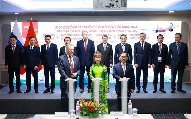 Thủ tướng Lê Minh Hưng chứng kiến Lễ công bố mở 3 đường bay mới kết nối Việt Nam và Liên bang Nga của Hãng hàng không Vietjet, gồm: Đà Nẵng - Moskva, Nha Trang - Kazan và Nha Trang – Novosibirsk (6/2026). Ảnh: Dương Giang – TTXVN