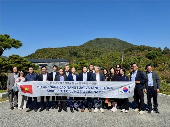 Đoàn công tác thăm và làm việc với Hiệp hội Vừng và Tía tô Hàn Quốc (Korea Sesame Perilla Association). Ảnh: Đào Lâm - Phóng viên TTXVN tại Hàn Quốc