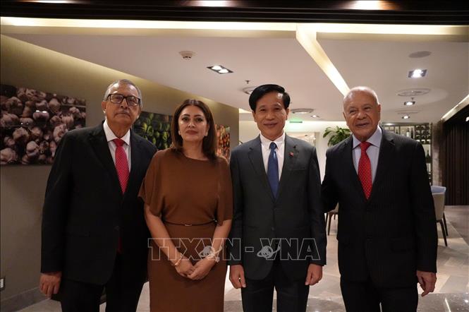 Phó Giám đốc Học viện Chính trị quốc gia Hồ Chí Minh Hoàng Phúc Lâm chụp ảnh chung cùng Thượng nghị sĩ, Tổng Bí thư Đảng PT Alberto Anaya Gutiérrez và các ủy viên Bộ Chính trị đảng PT. Ảnh: Phi Hùng - PV TTXVN tại Mexico