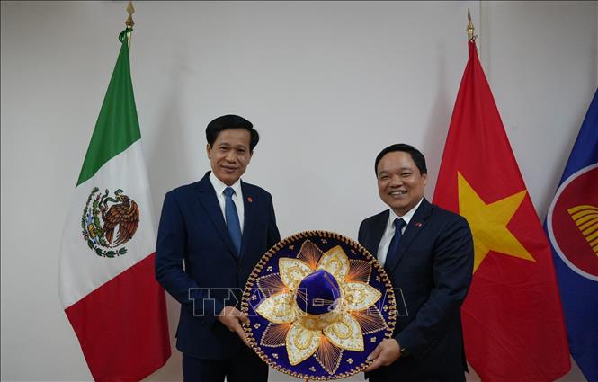 Đại biện Đại sứ quán Việt Nam tại Mexico Đỗ Mai Thanh tặng quà lưu niệm cho Phó Giám đốc Học viện Chính trị quốc gia Hồ Chí Minh Hoàng Phúc Lâm. Ảnh: Phi Hùng - PV TTXVN tại Mexico