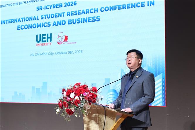 Tiến sĩ Đinh Công Khải, Phó Giám đốc Đại học Kinh tế Thành phố Hồ Chí Minh, phát biểu tại hội thảo. Ảnh: Mỹ Phương – TTXVN