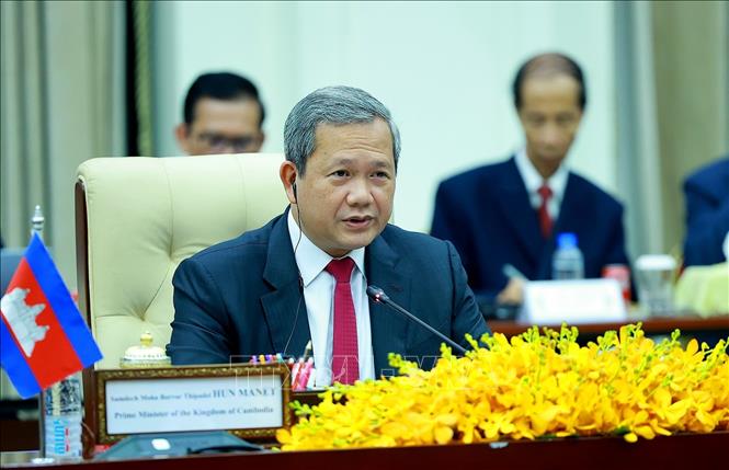 Thủ tướng Campuchia Hun Manet phát biểu tại cuộc hội đàm với Thủ tướng Lê Minh Hưng. Ảnh: Dương Giang – TTXVN
