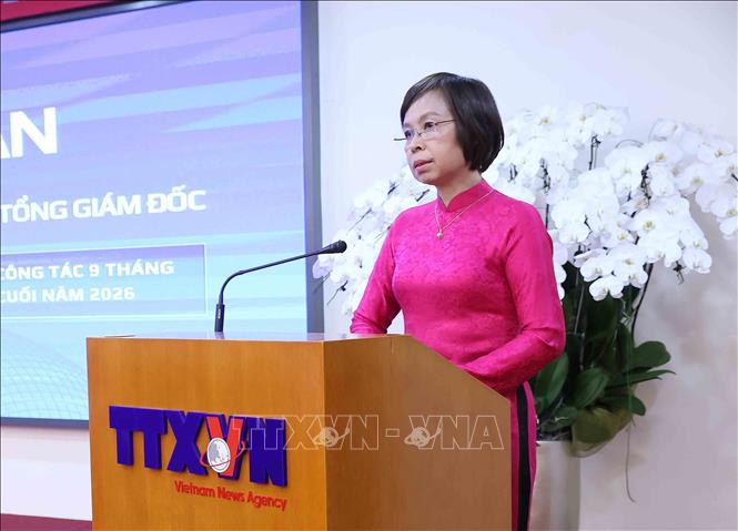 Đồng chí Vũ Việt Trang, Ủy viên Ban Thường vụ Đảng ủy các cơ quan Đảng Trung ương, Bí thư Đảng ủy, Tổng Giám đốc Thông tấn xã Việt Nam, Phó Trưởng ban Tuyên giáo Trung ương kết luận và chỉ đạo hội nghị. Ảnh: An Đăng - TTXVN