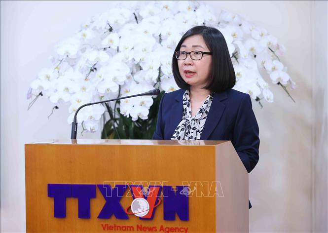 Đồng chí Đoàn Thị Tuyết Nhung, Uỷ viên Ban Thường vụ Đảng uỷ, Phó Tổng Giám đốc Thông tấn xã Việt Nam phát biểu. Ảnh: An Đăng - TTXVN